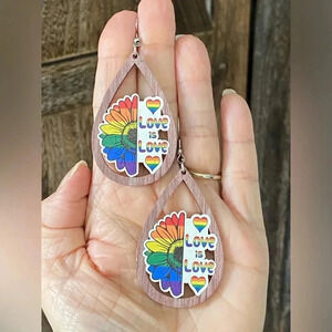 Handmade Wood Wooden Love is Love Flower LGBTQ Pride Teardrop Earrings NEW